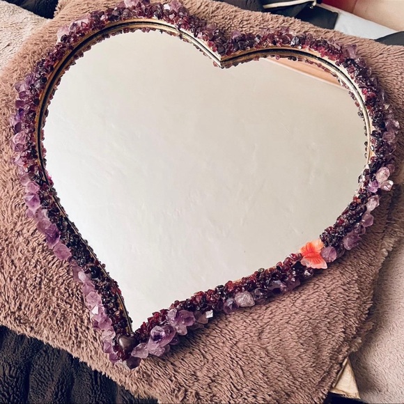 Amethyst & Garnet Encrusted Heart Shaped Wall Hanging Mirror 18inx16in - Picture 5 of 8